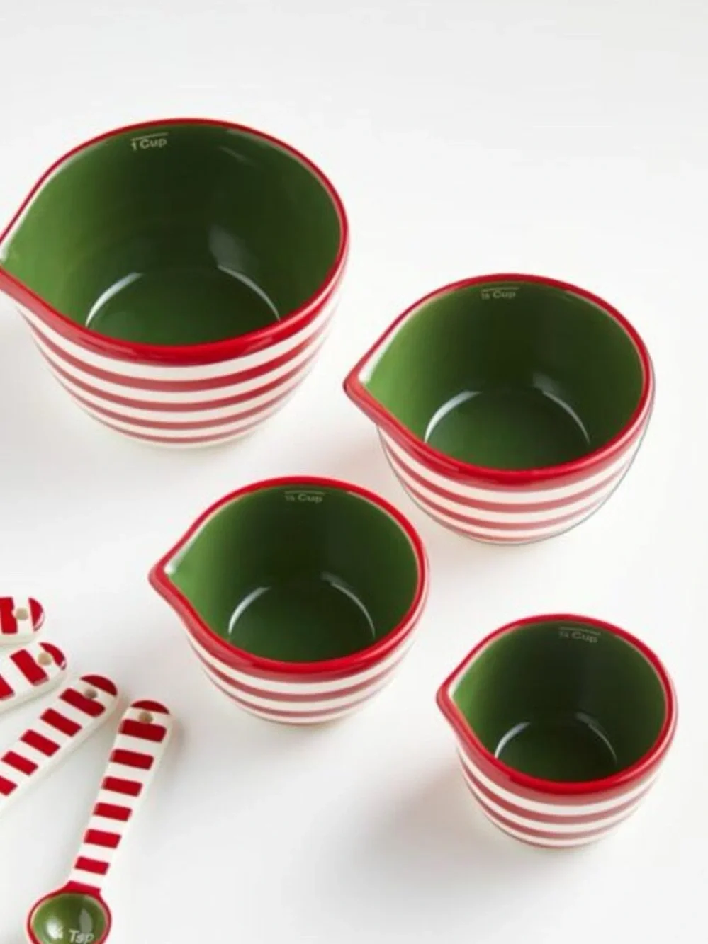 Crate&Barrel Holiday Stripe Measuring Nesting Cups Hand Painted Red Green